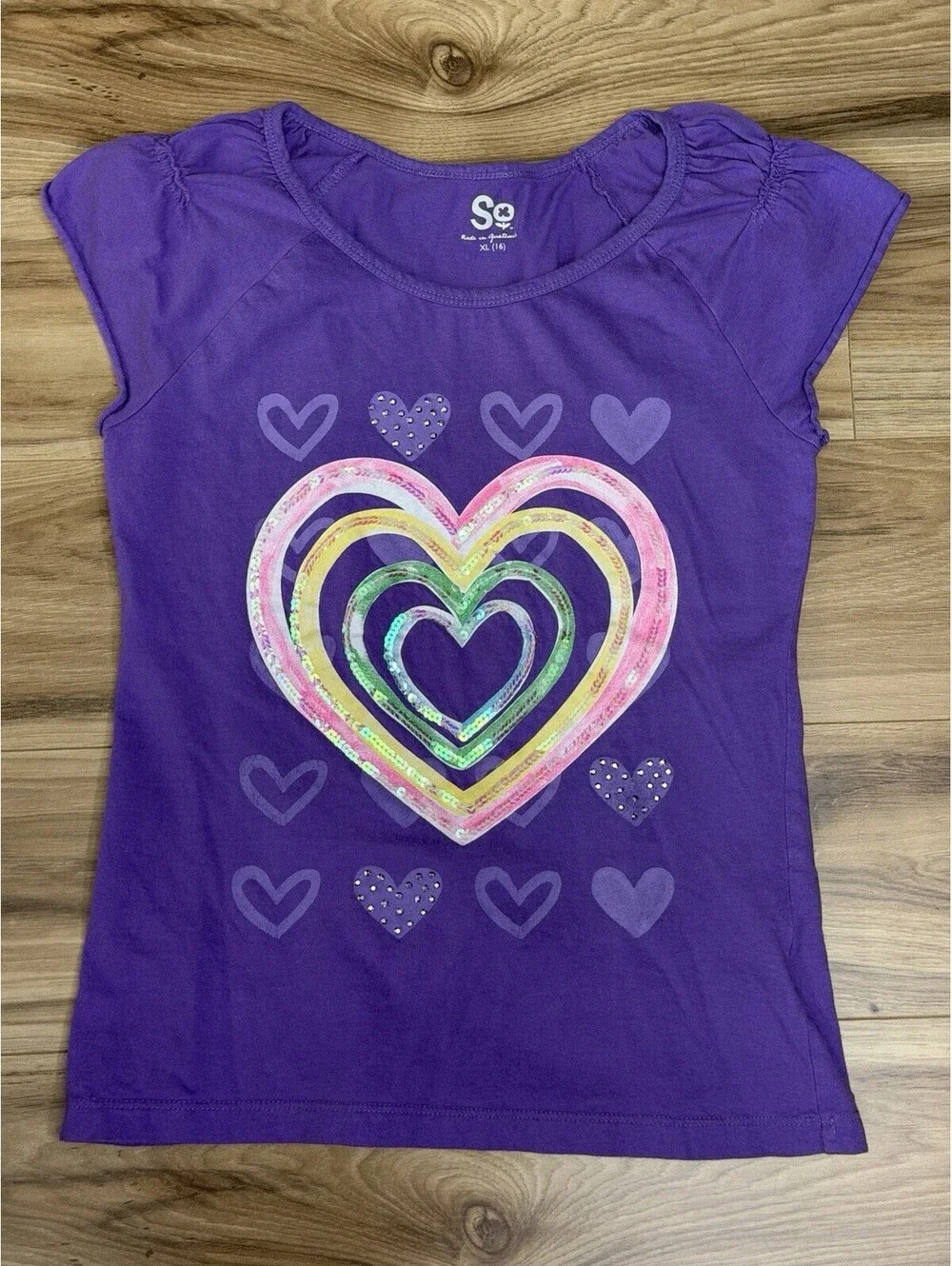 SO Girls Purple Sequin Heart Y2k Graphic Tee Rhinestone Sz XL 16